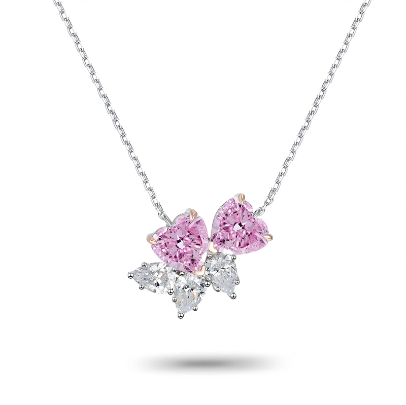 Silver Necklace - Dual Red Heart & Triple Clear Marquise Pendant KD-C-P25
