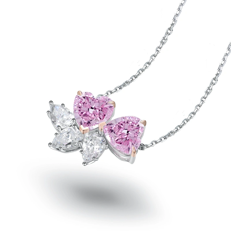 Silver Necklace - Dual Red Heart & Triple Clear Marquise Pendant KD-C-P25