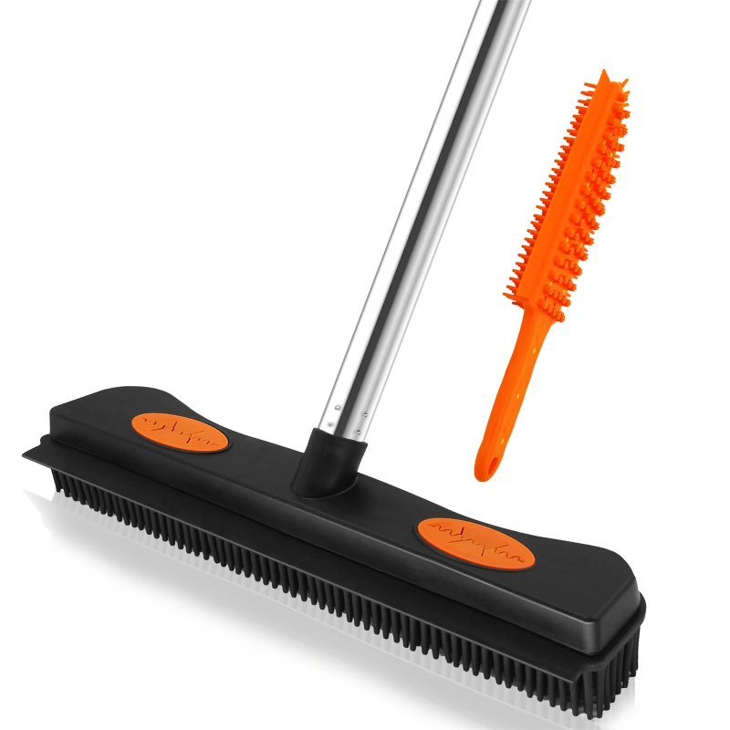 Rubber Broom for Pet Hair Remover, Carpet Rake Fur Remover Broom with Squeegee, Carpet Rake for Pet Hair Removal, Pet Hair Rubber Broom for Fluff Carpet, Hardwood Floor, Tile, Window