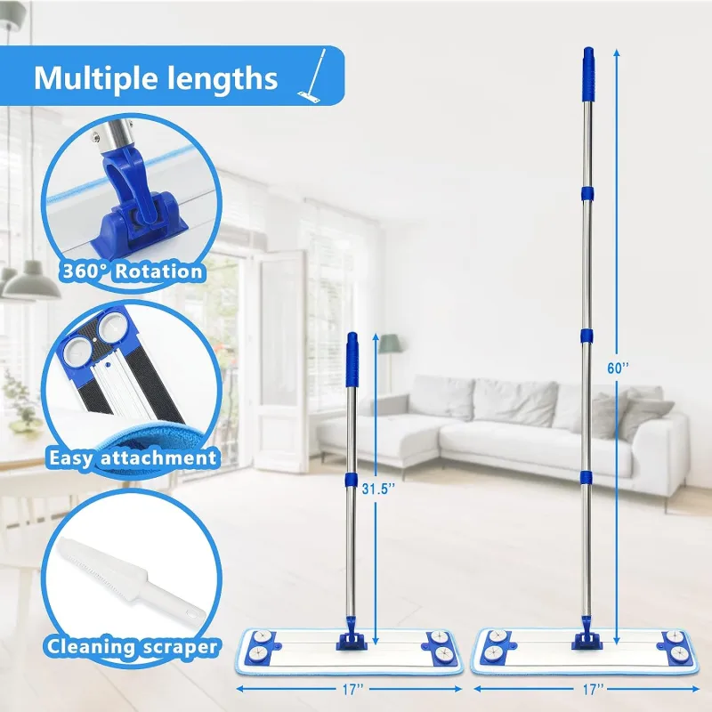 18" Mops for Floor Cleaning, Microfiber Mop with 57" Stainless Steel Handle,4pcs Mop Pads and 20pcs Non-Woven Fabric and a Mop Pad Brush ,Dust Mop for Hardwood,Laminate,Tile,Floor Cleaning
