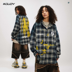 #OVDY 24SS American classic retro blue plaid long-sleeved shirt inkjet tide tag flip Collar plaid shirt