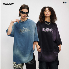 #OVDY 24SS 260g combed cotton American street fashion short-sleeved T-shirt pleated design with irregular round neck hem.