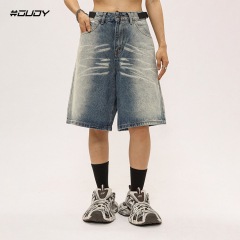 #OVDY 24SSCat beard adjustable buckle design waistband retro wash jeans shorts.