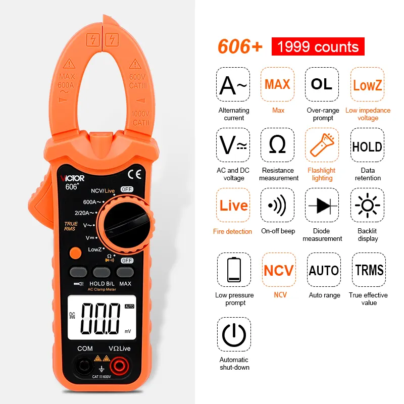 VICTOR 606+ 606A+ 606B+ 606C+ Digital Clamp Meters ,measuring DCV, ACV ...