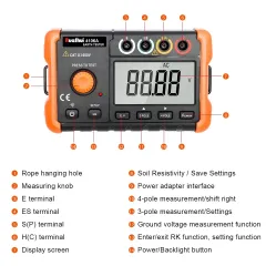 VICTOR 4106 4106A Digital Earth Resistance Tester Digital Grounding Resistance Meter 3-Pole 4-Pole Method Measurement AC True RMS Backlight Soil resistivity Measurement