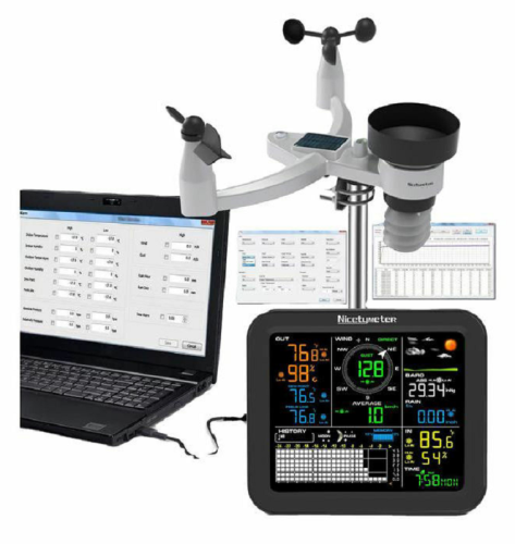 NicetyMeter (0345-026T) 5-in-1 Weather Station with Solar, Indoor/Outdoor Remote Monitoring System, Temperature, Humidity ,Wind Speed,Direction,Rain, Wireless Color Console w/Forecast Data, Alerts,PC Interface & Excellent Data(Windows OS),Alarm clock