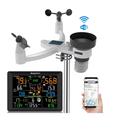 NicetyMeter (0310-025T) 7-in-1 Wi-Fi Indoor Outdoor Wireless Weather Station，LED Color Console，Weather Forecast, Solar radiation ,Temperature ,Humidity ,Wind Speed ,Rain Gauge ,Dew point ,Alarm Clock