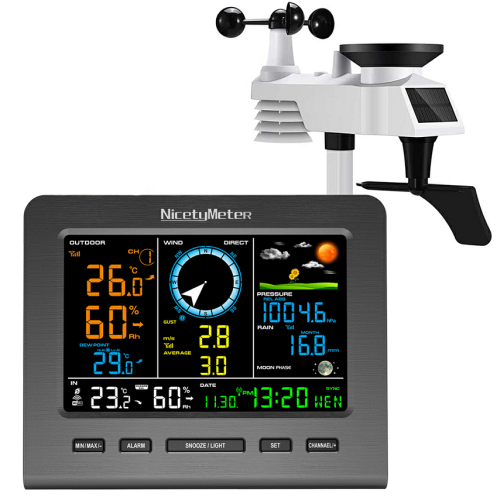 NicetyMeter (0366 RF-019T) 6-in-1 Weather Station ,Outdoor Sensor Rain Gauge ,Weather Forecast ,Temperature ,Humidity, Air Pressure ,Wind Gauge ,Moon Phase,Alarm clock