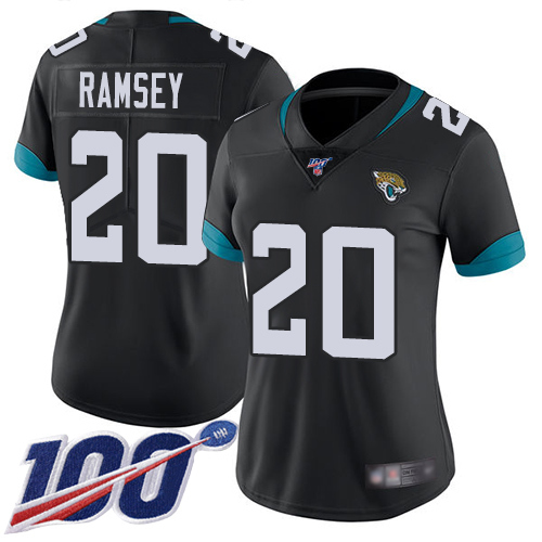 Women's Nike Jacksonville Jaguars #20 Jalen Ramsey Black Team Color Stitched NFL 100th Season Vapor Limited Jersey