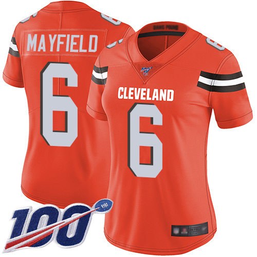 Women's Nike Cleveland Browns #6 Baker Mayfield Orange Alternate Stitched Football 100th Season Vapor Limited Jersey