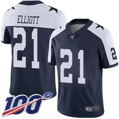 Nike Dallas Cowboys #21 Ezekiel Elliott Navy Blue Thanksgiving Men's Stitched NFL 100th Season Vapor Throwback Limited Jersey