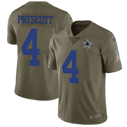 Youth Nike Dallas Cowboys #4 Dak Prescott Olive Stitched NFL Limited 2017 Salute to Service Jersey