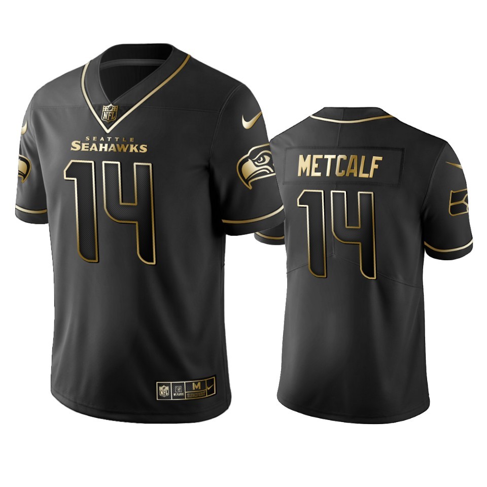 Men's Seattle Seahawks #14 D.K. Metcalf Black Golden Edition Jersey