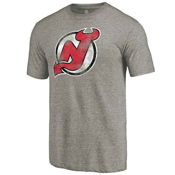 New Jersey Devils Distressed Team Logo Tri-Blend T-Shirt - Ash