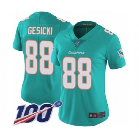 Women's Miami Dolphins #88 Mike Gesicki Aqua Green Team Color Vapor Untouchable Limited Player 100th Season Football Jersey