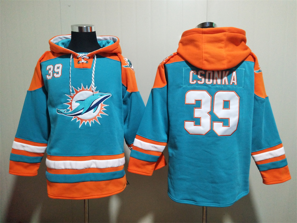 Men's Miami Dolphins #39 Larry Csonka Blue Orange Lace-Up Pullover Hoodie