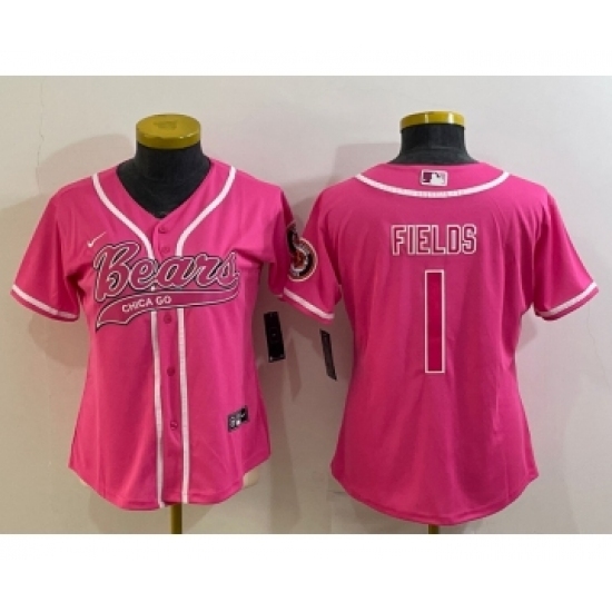 Women's Chicago Bears #1 Justin Fields Pink With Patch Cool Base Stitched Baseball Jersey