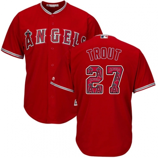 Men's Majestic Los Angeles Angels of Anaheim #27 Mike Trout Authentic Red Team Logo Fashion Cool Base MLB Jersey