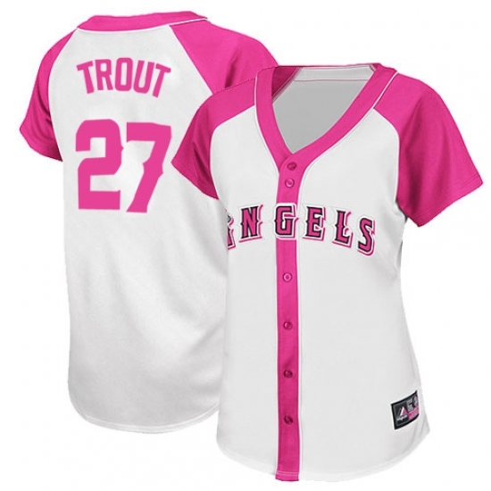 Women's Majestic Los Angeles Angels of Anaheim #27 Mike Trout Authentic WhitePink Splash Fashion MLB Jersey