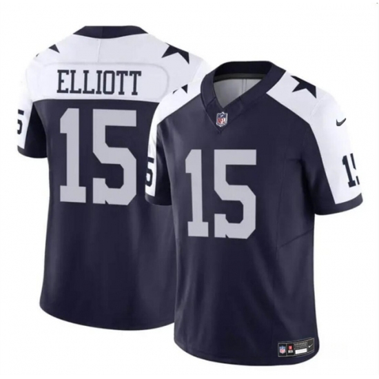 Men's Dallas Cowboys #15 Ezekiel Elliott Navy White 2024 F.U.S.E Thanksgiving Vapor Limited Football Stitched Jersey
