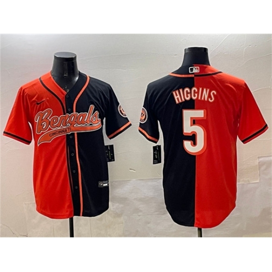 Men's Cincinnati Bengals #5 Tee Higgins Orange Black Split With Cool Base Stitched Jersey