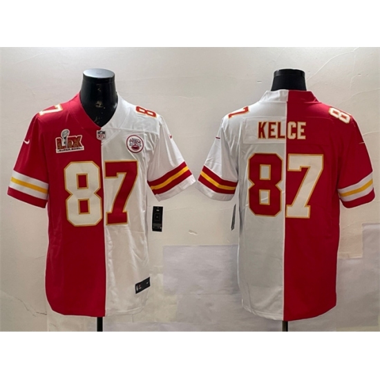 Men's Kansas City Chiefs #87 Travis Kelce Red & White Split 2025 Super Bowl LIX Vapor Limited Stitched Football Jersey