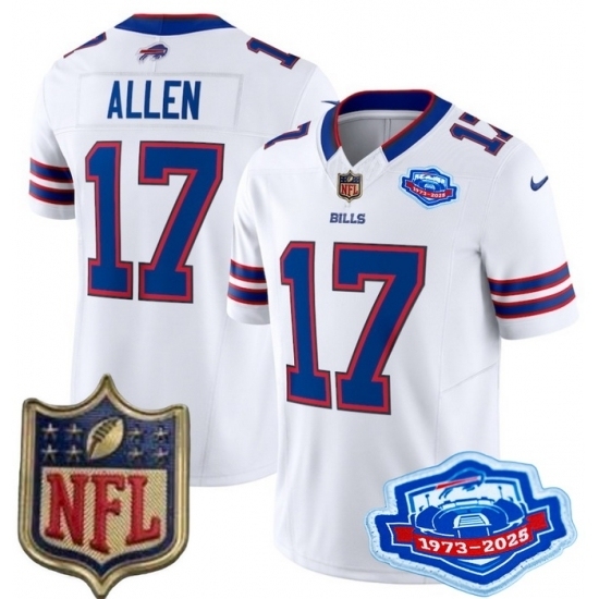 Men's Buffalo Bills 17 Josh Allen White 2025 F U S E Farewell Season Gold Shield Stitched Football Jersey