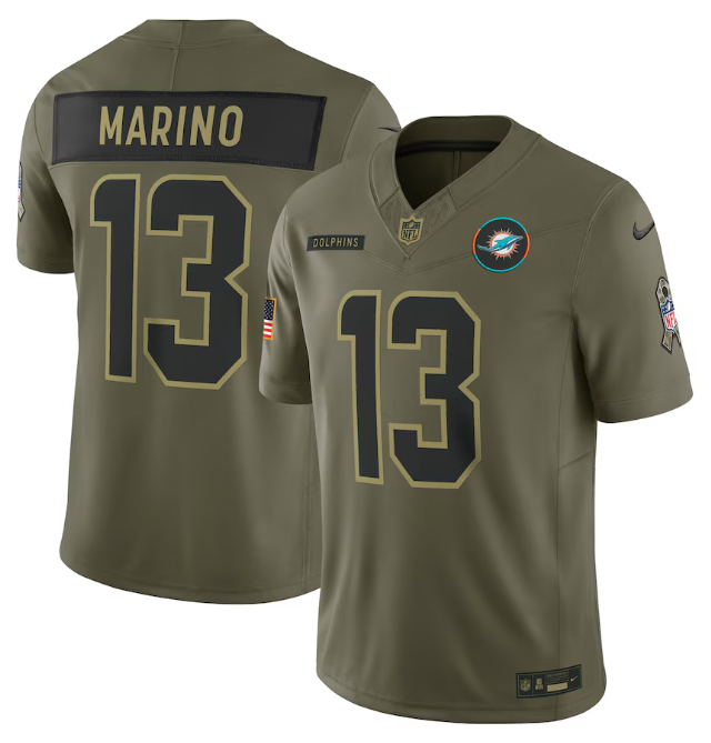 Men's Miami Dolphins Dan Marino #13 Nike Olive 2025 Salute to Service Retired Limited Jersey
