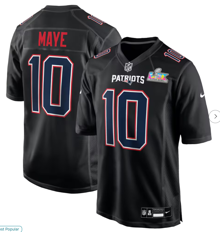 Men's New England Patriots #10 Drake Maye Nike Black Super Bowl LX Patch Carbon Fashion Game Jersey