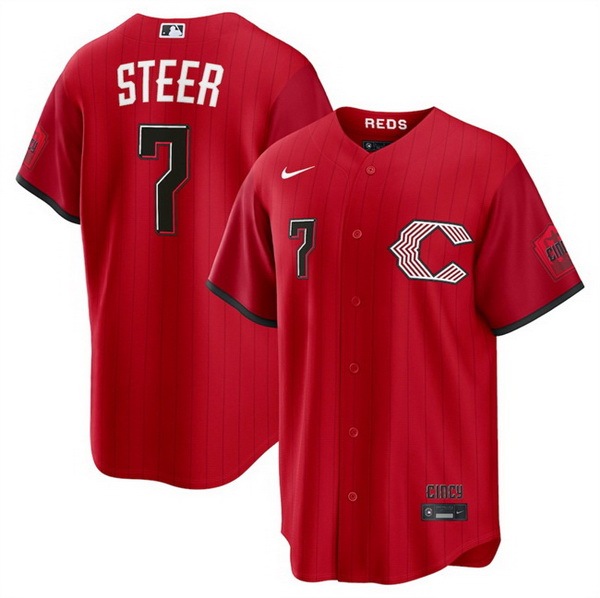Men Cincinnati Reds #7 Spencer Steer Red 2026 City Connect Stadium Stitched Baseball Jersey