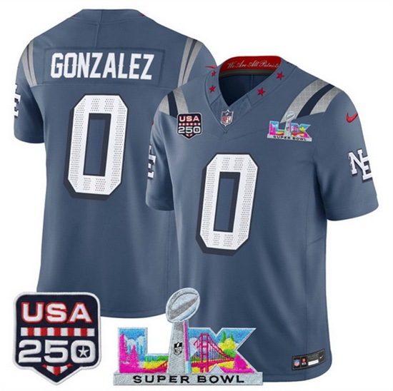 Men New England Patriots 0 Christian Gonzalez Storm Blue 2025 F U S E Super Bowl LX USA 250 Patch Rivalries Vapor Limited Football Stitched Jersey