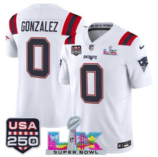 Men New England Patriots 0 Christian Gonzalez White 2025 F U S E Super Bowl LX Patch And USA 250 27 Patch Vapor Limited Football Stitched Jersey