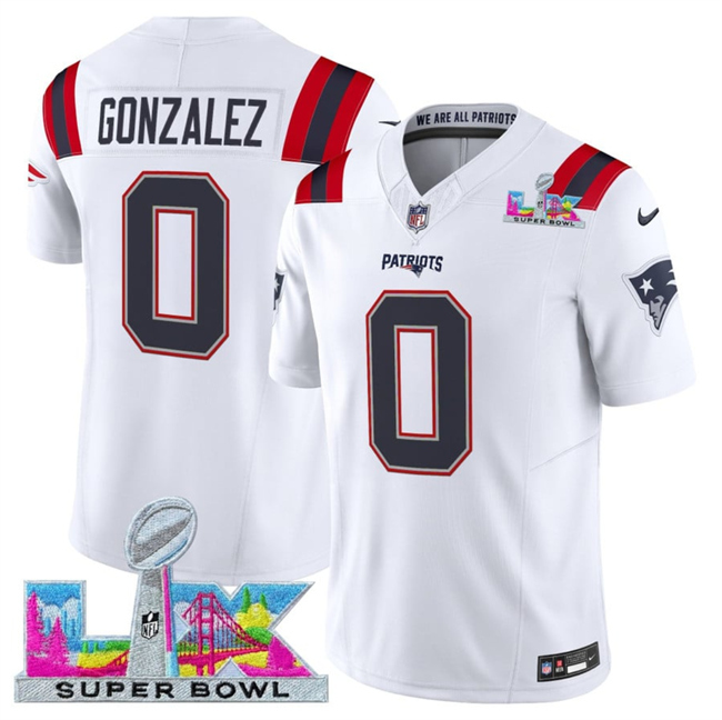 Men New England Patriots 0 Christian Gonzalez White 2025 F U S E Super Bowl LX Patch Vapor Limited Stitched Football Jersey