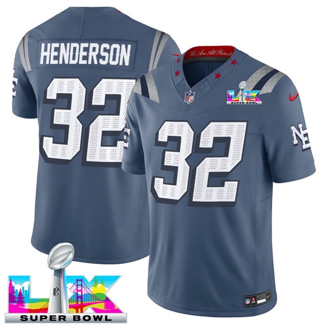 Men New England Patriots 32 TreVeyon Henderson Storm Blue 2025 F U S E Super Bowl LX Patch Rivalries Vapor Limited Stitched Football Jersey