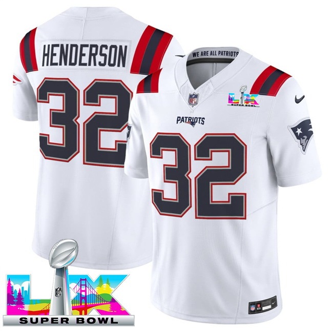 Men New England Patriots 32 TreVeyon Henderson White 2025 F U S E Super Bowl LX Patch Vapor Limited Stitched Football Jersey