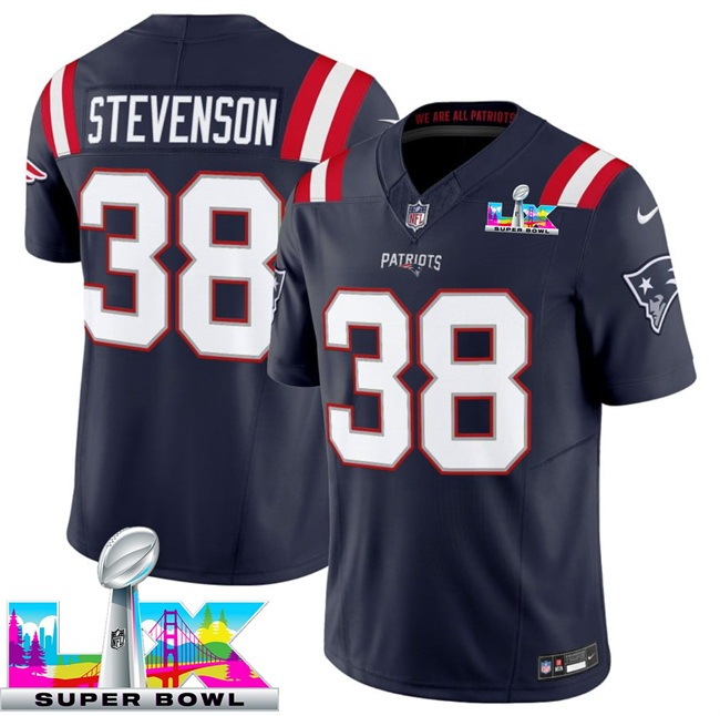 Men New England Patriots 38 Rhamondre Stevenson Navy 2025 F U S E Super Bowl LX Patch Vapor Limited Stitched Football Jersey