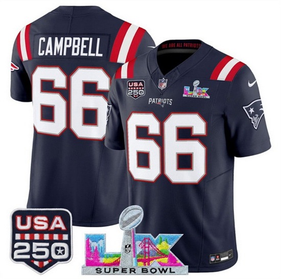Men New England Patriots 66 Will Campbell Navy 2025 F U S E Super Bowl LX Patch And USA 250 27 Patch Vapor Limited Football Stitched Jersey