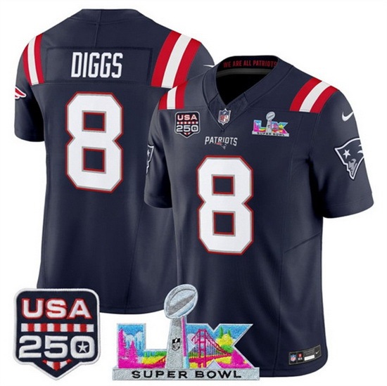 Men New England Patriots 8 Stefon Diggs Navy 2025 F U S E Super Bowl LX Patch And USA 250 27 Patch Vapor Limited Football Stitched Jersey