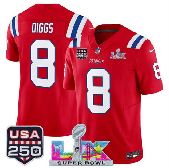 Men New England Patriots 8 Stefon Diggs Red 2025 F U S E Super Bowl LX Patch And USA 250 27 Patch Vapor Limited Football Stitched Jersey