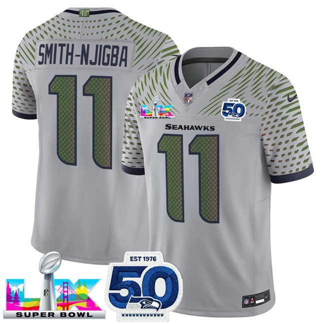 Men Seattle Seahawks 11 Jaxon Smith Njigba Grey 2025 F U S E Super Bowl LX Patch And 50th Season Patch Rivalries Vapor Limited Stitched Football Jersey