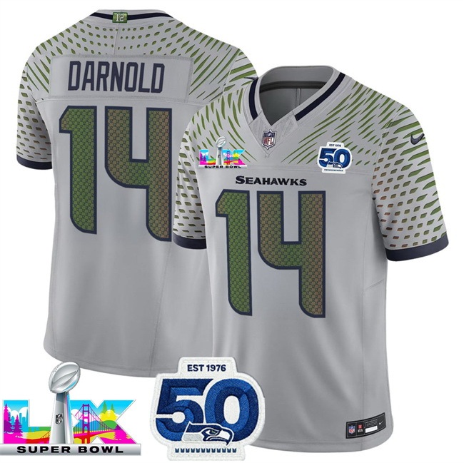 Men Seattle Seahawks 14 Sam Darnold Grey 2025 F U S E Super Bowl LX Patch And 50th Season Patch Rivalries Vapor Limited Stitched Football Jersey
