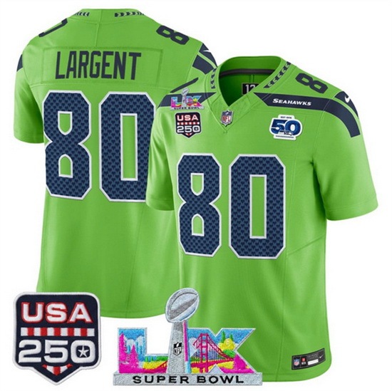 Men Seattle Seahawks 80 Steve Largent Green 2025 F U S E Super Bowl LX Patch And 50th Season USA 250 Patch Vapor Limited Football Stitched Jersey