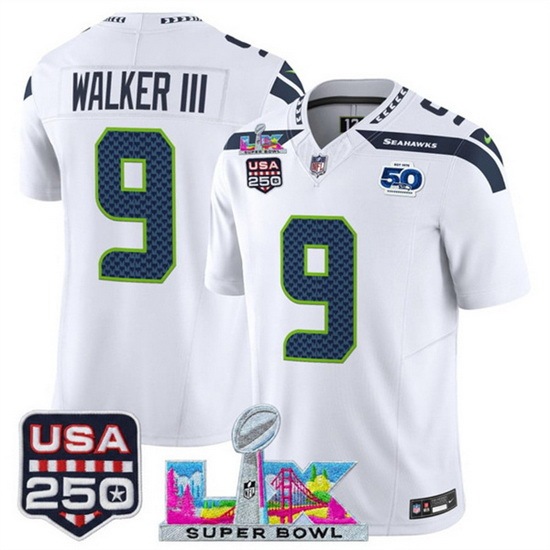 Men Seattle Seahawks 9 Kenneth Walker III White 2025 F U S E Super Bowl LX Patch And 50th Season USA 250 Patch Vapor Limited Football Stitched Jersey