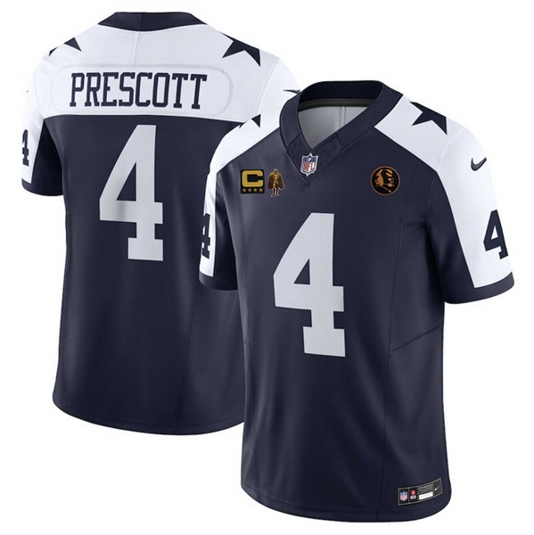 Men Dallas Cowboys 4 Dak Prescott Navy 2025 F U S E With John Madden Patch 2C Walter Payton Patch And 4 Star C Patch Thanksgiving Vapor Limited Stitched F