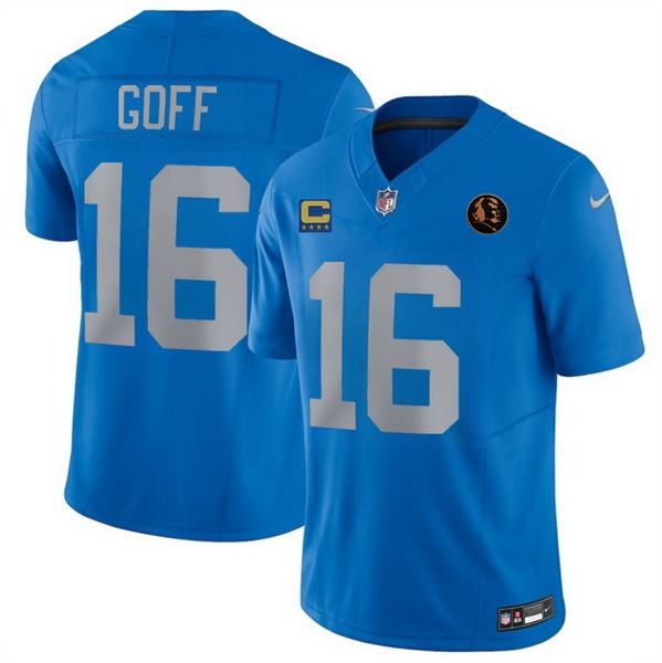 Men Detroit Lions 16 Jared Goff Blue 2026 F U S E With 4 Star C Patch And John Madden Patch Vapor Limited Stitched Jersey