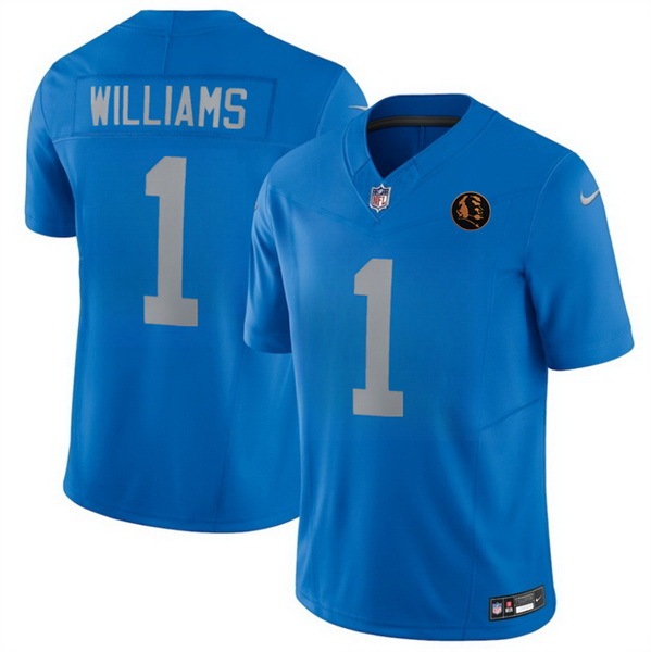 Men Detroit Lions 1 Jameson Williams Blue 2026 F U S E With John Madden Patch Vapor Limited Stitched Jersey