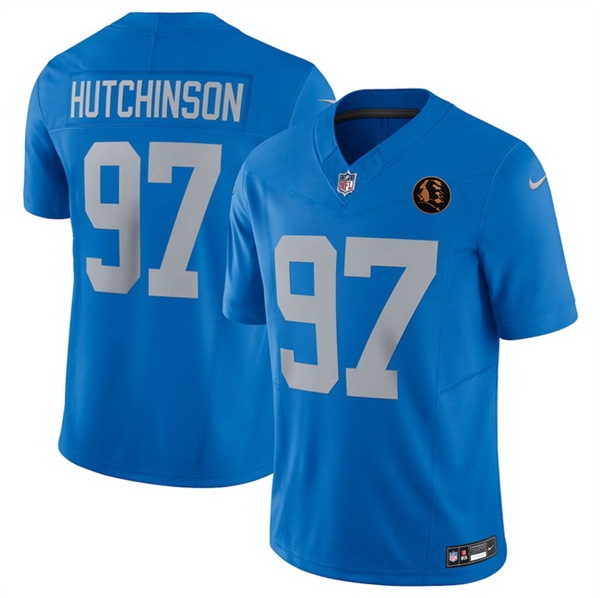 Men Detroit Lions 97 Aidan Hutchinson Blue 2026 F U S E With John Madden Patch Vapor Limited Stitched Jersey