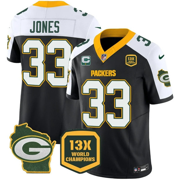 Men Green Bay Packers 33 Aaron Jones Black White 2023 F U S E Home With 1 Star C Patch 13 Time World Champions Vapor Untouchable Limited Stitched Football