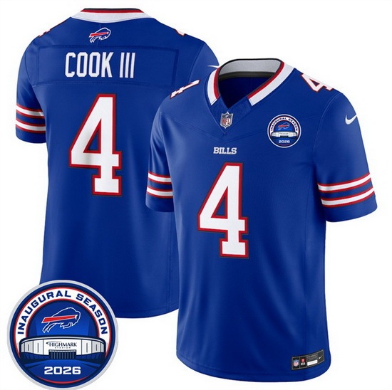 Men Buffalo Bills 4 James Cook III Blue F U S E 2026 Inaugural Season at Highmark Stadium Stitched Football Jersey