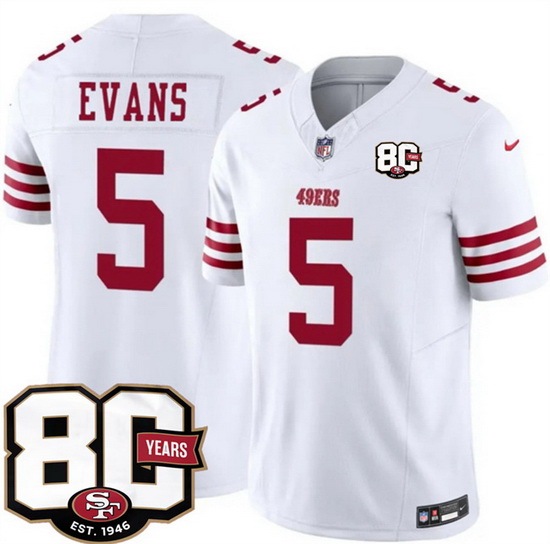 Men San Francisco 49ers 5 Mike Evans White 80th Anniversary Patch 2026 F U S E Vapor Untouchabl2026 F U S E Vapor Untouchable Limited Stitched Football